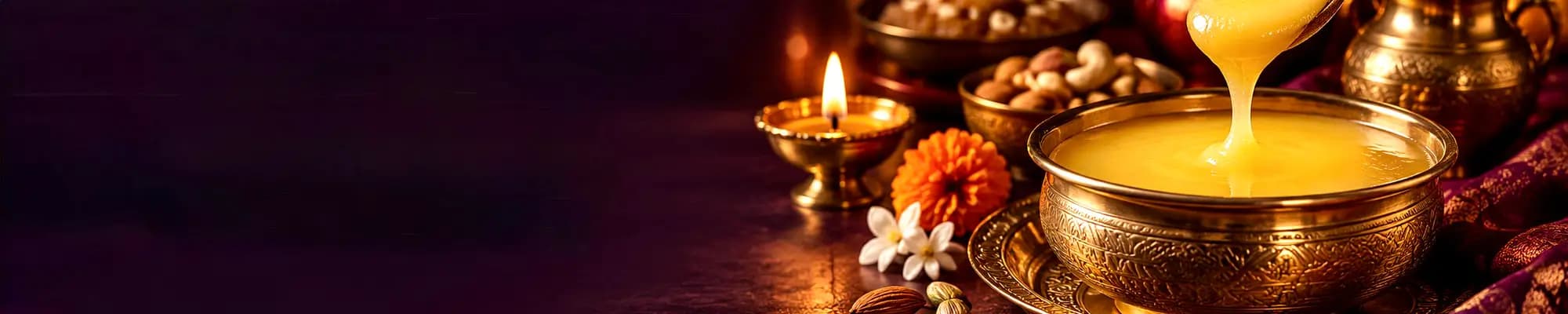 Golden ghee poured into a brass bowl beside a lit diya, nuts and a marigold