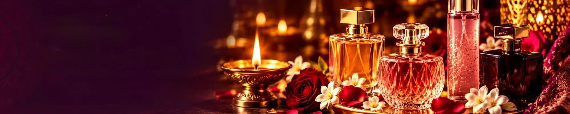 Perfume bottles with roses, jasmine flowers and a lit brass diya