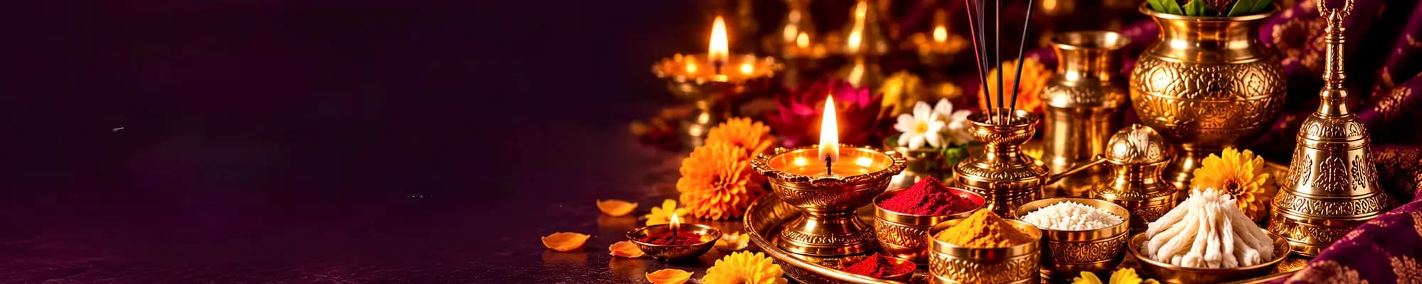 Pooja thali with brass diyas, kalash, bell, kumkum, haldi, cotton wicks and marigolds