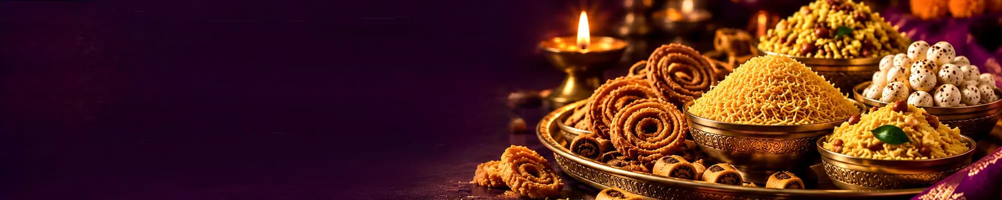 Chakli, bhujia, makhana and namkeen in brass bowls beside a lit diya