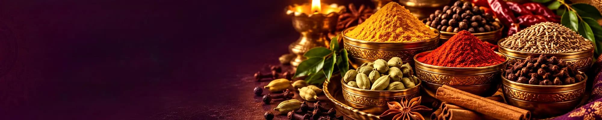 Turmeric, chilli powder, cardamom, cloves, cumin and cinnamon in brass bowls with a diya