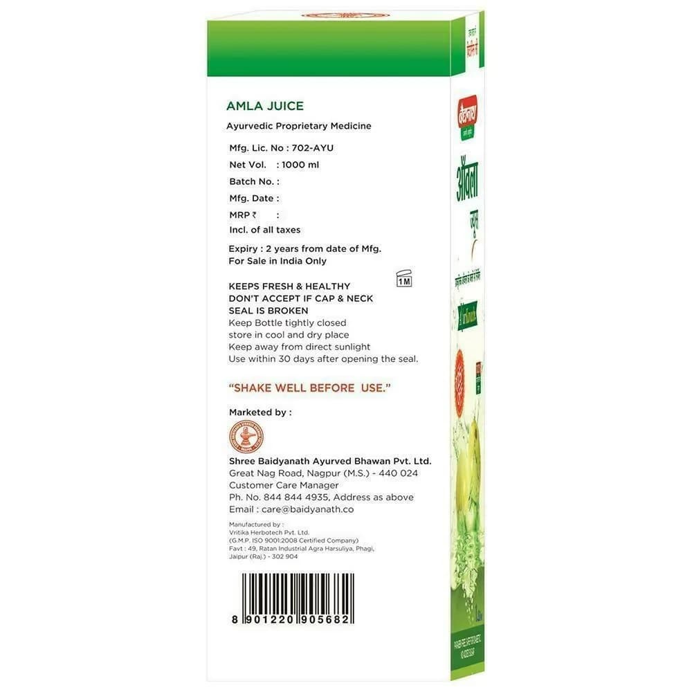 Baidyanath Amla Juice 1 L manufacturing details