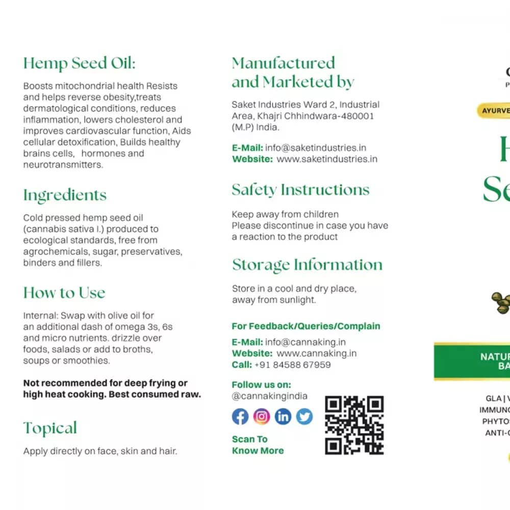 Cannaking Hemp Seed Oil 100 ml Manufacturing Details