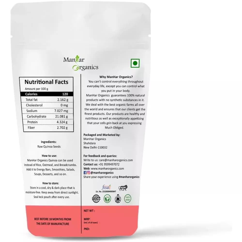 Manhar Organics Quinoa Seeds Nutrition Facts