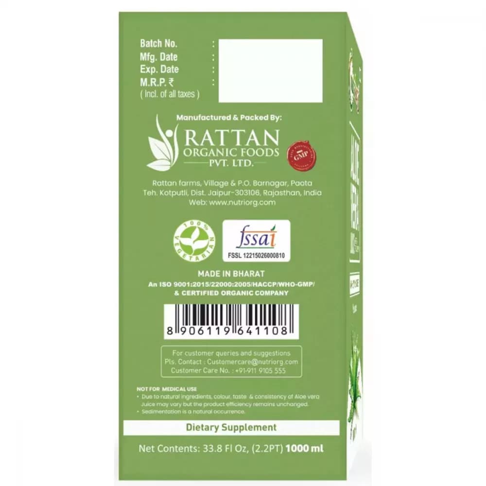 Nutriorg Aloevera Juice 1 L Manufacturing Details