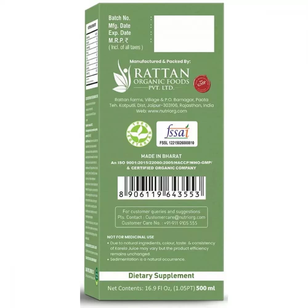 Nutriorg Karela Juice 500 ml Manufacturing Details
