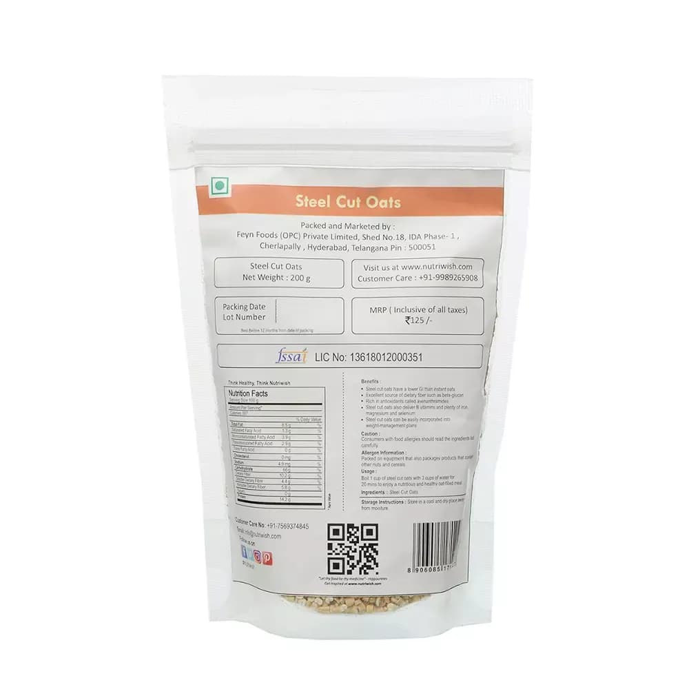 Nutriwish Steel Cut Oats 200 g Manufacturing Details
