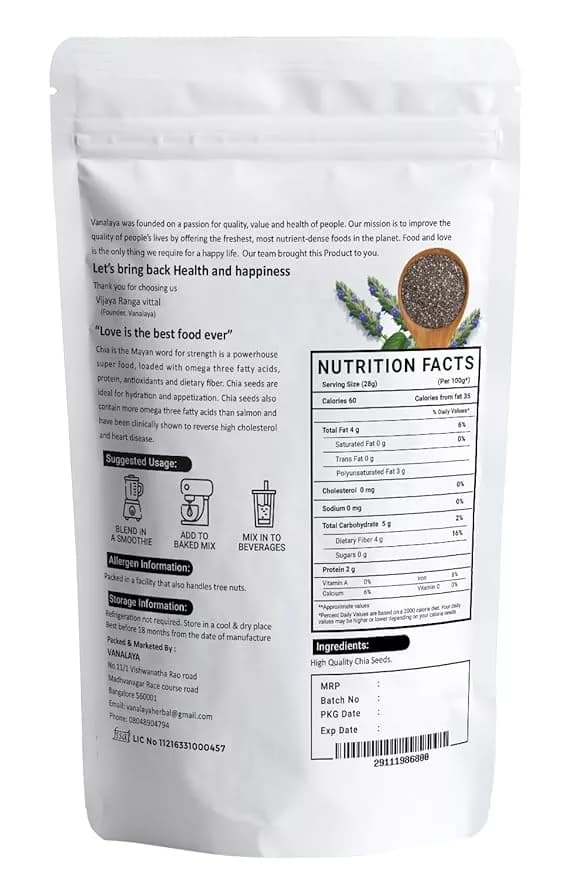 Vanalaya Organic Chia Seeds Nutrition Facts