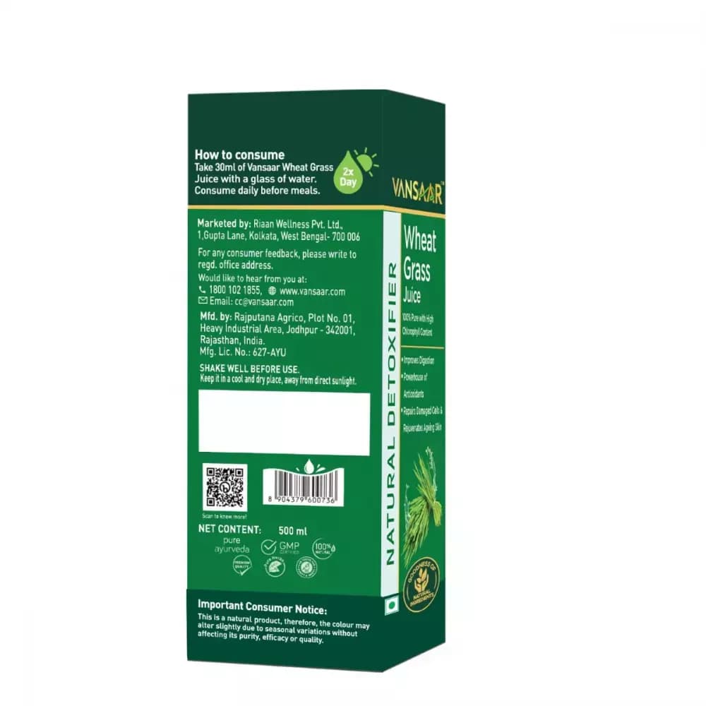 Vansaar Wheatgrass Juice 500 ml Manufacturing  Details