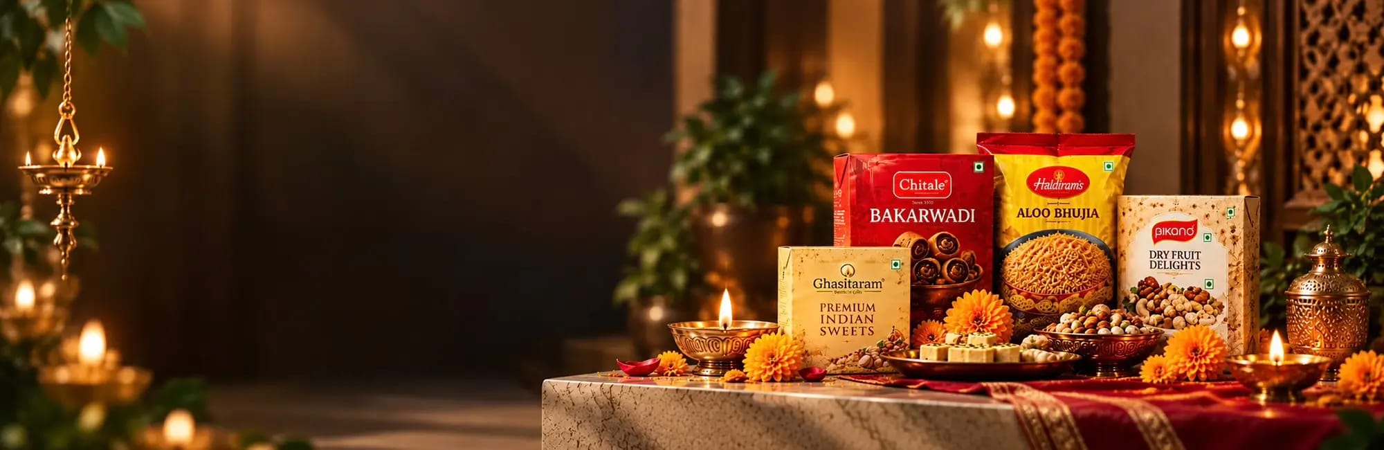 Diwali snacks, sweets and dry fruit packs on a festive table with lit diyas, marigold flowers and a hanging brass lamp