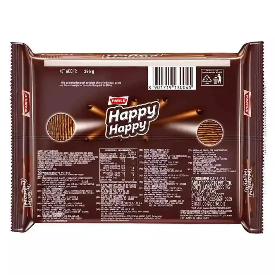 Parle Happy Happy Choco Chip Cookies,396g-Nutritional Information & Ingredients