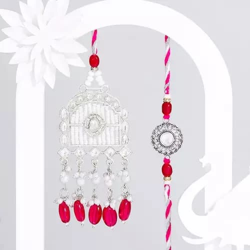 SIProducts Red Elegance Kundan & Pearl Rakhi Set for Bhaiya Bhabhi,350g-Main image