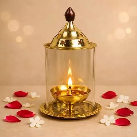 ServDharm Brass Akhand Diya with Borosilicate Glass Cover,180g-Main image