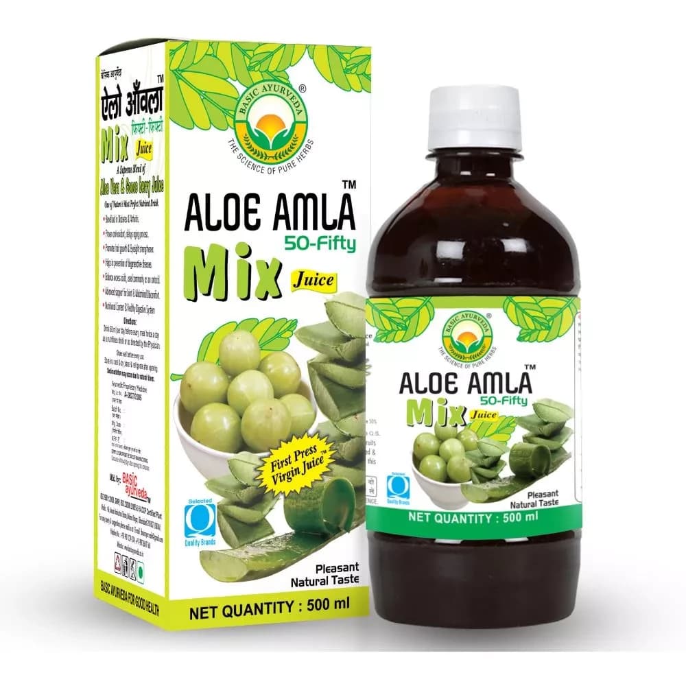 Basic Ayurveda Aloe Amla 50-Fifty Mix Juice, 500 ml bottle
