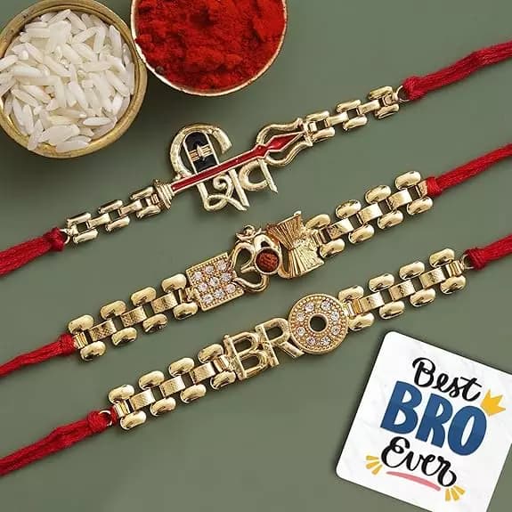eCraftIndia Golden & Red Lord Shiv Damru, Om, Bro Designer Religious Rakhis,200g-Main image