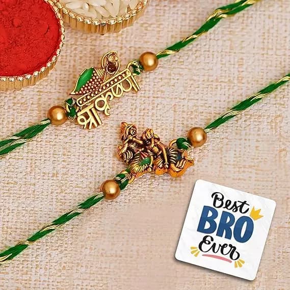 eCraftIndia Green & Golden Shri Krishna and Radha Krishna Playing Flute Designer Religious Rakhis,200g-Main image