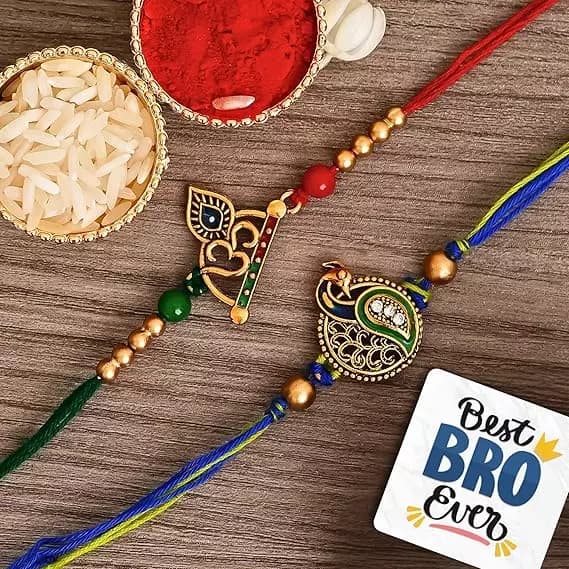 eCraftIndia Multicolor Om Symbol and Peacock Designer Religious Rakhis,200g-Main image